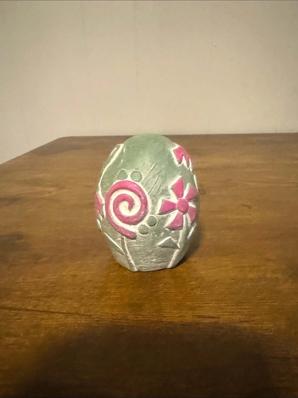 Isabel Bloom 2011 Hand-Painted Floral Egg Sculpture in Green & Pink